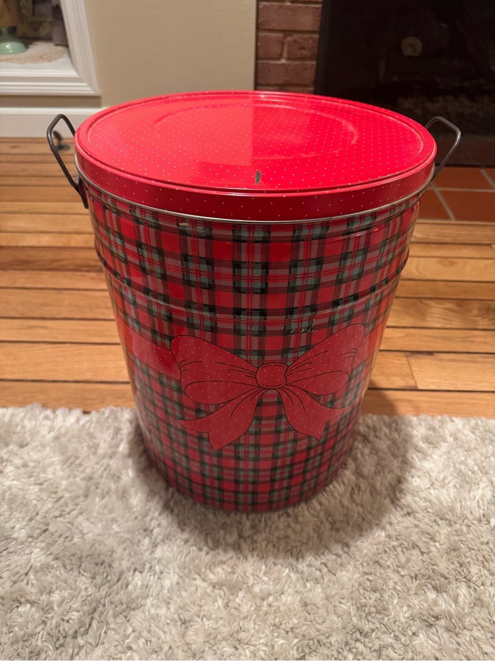 Red Plaid Decorative Storage Tin with Bow Accent